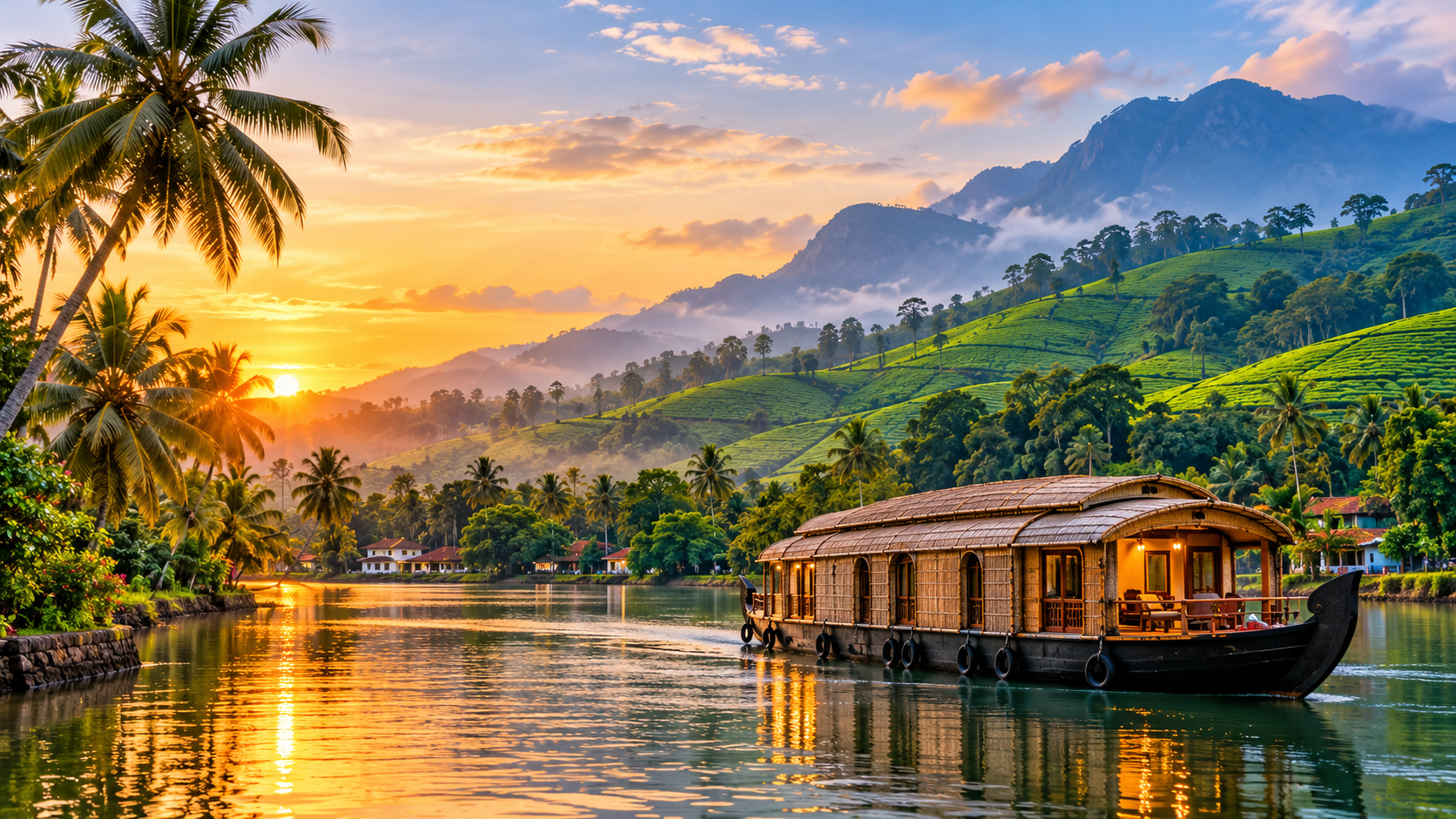 Kerala backwaters with traditional houseboat, palm